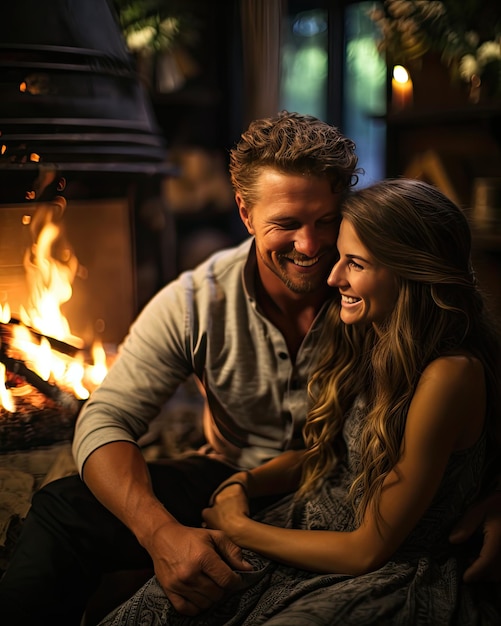 Intimer und romantischer Abend am Kamin, gemütliches Paar, Liebe und Zweisamkeit, warme Atmosphäre