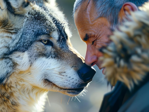 Intimes Moment der Verbindung zwischen grauem Wolf und älterem Mann mit respektvollem Blick im Freien