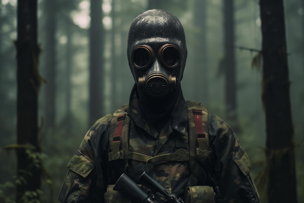 Intimidante camuflaje de mascarón de soldado del bosque Generate Ai