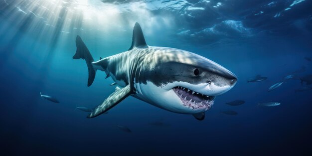 Intimidante gran tiburón blanco en el océano