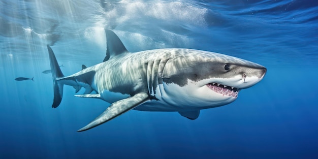 Intimidante gran tiburón blanco en el océano