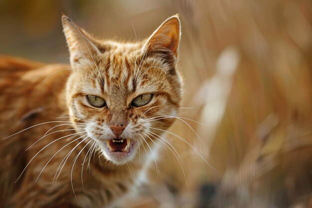 Un intimidante primer plano de un gato enojado mostrando sus dientes