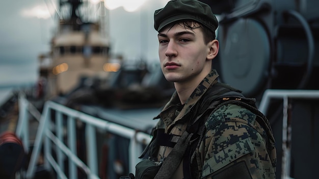 Intrepid jovem soldado está em pé no convés do navio naval serviço militar e temas de defesa marítima retrato nítido e cinematográfico com um céu mal-humorado AI