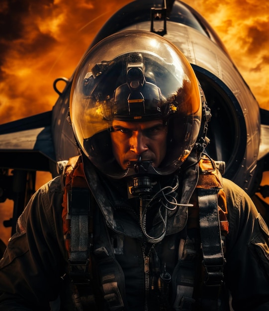 El intrépido aviador Un hombre con casco de piloto enfrentándose a un poderoso avión de combate Un hombre con capucha de piloto de pie frente a un avión de combate