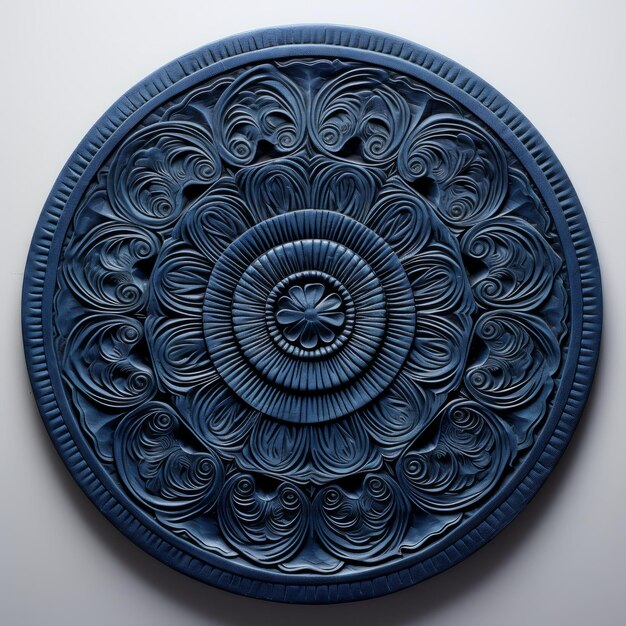 Intricado painel de parede circular azul com influência de escultura americana