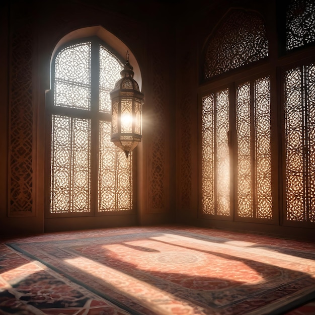 Intrincada alfombra de linterna islámica y ventana tallada