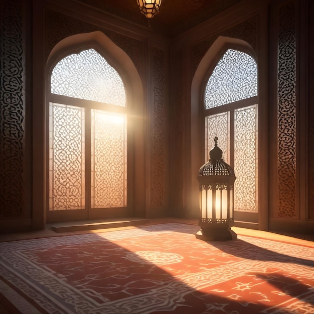 Intrincada alfombra de linterna islámica y ventana tallada