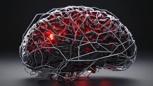 Una intrincada escultura de alambre de cerebro con luz roja que emana