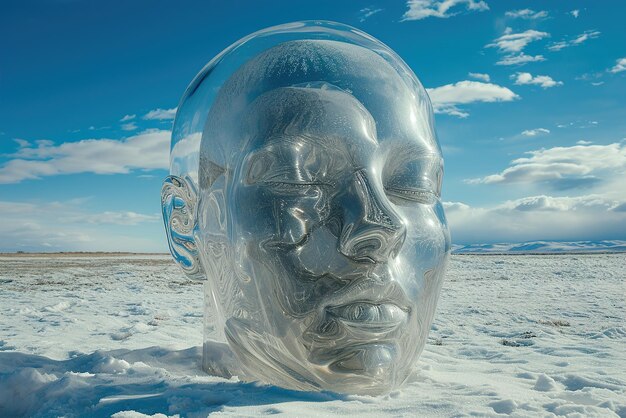 La intrincada escultura de la cara de hielo en el campo de nieve