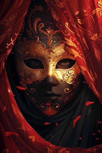 Intrincada máscara dorada escondida bajo cortinas carmesí evocando el misterio de la actuación renderizada en v