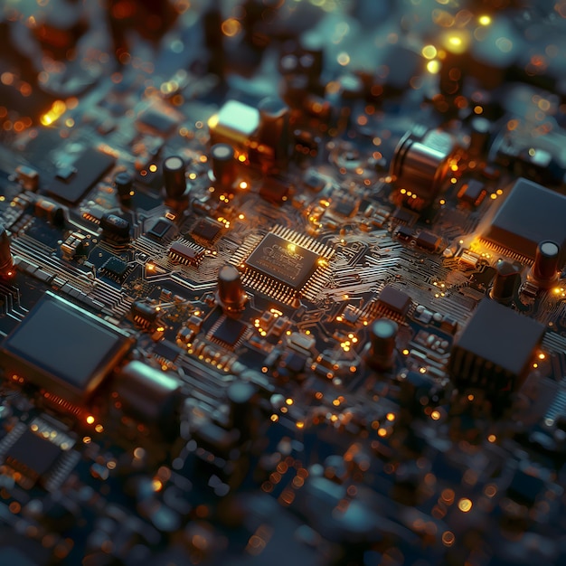 La intrincada metrópolis electrónica Un paisaje urbano de tabla de circuitos por la noche