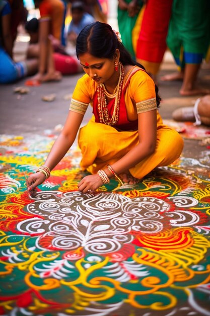 Foto la intrincada obra de arte de un rangoli hecho para ram navami