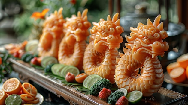 Intrincadas esculturas de frutas de dragão no Festival do Barco-Dragão