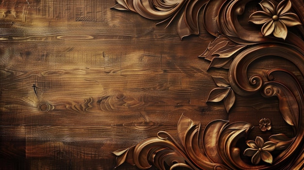 Foto intrincadas tallas de madera con patrones florales sobre un rico fondo oscuro