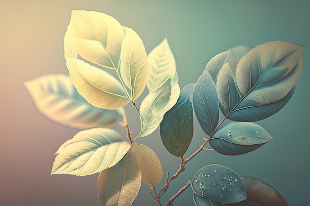 Las intrincadas y variadas texturas de una colección de hojas de plantas capturadas con asombroso detalle a través de una lente macro y presentadas contra un fondo abstracto pastel Generado por IA