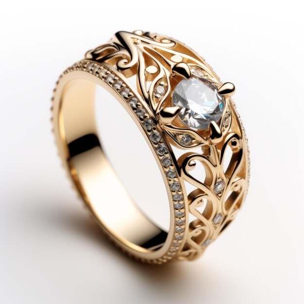 Intrincado anillo de oro con zirconia cúbica y diamantes