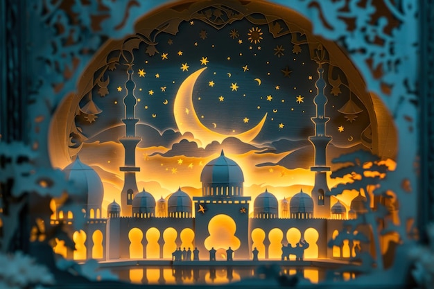 El intrincado arte de papel de la arquitectura islámica Un diorama de arte de papel bellamente elaborado que representa el islam