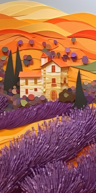 Intrincado arte de papel neoimpresionista de campos de lavanda en la Provenza francesa