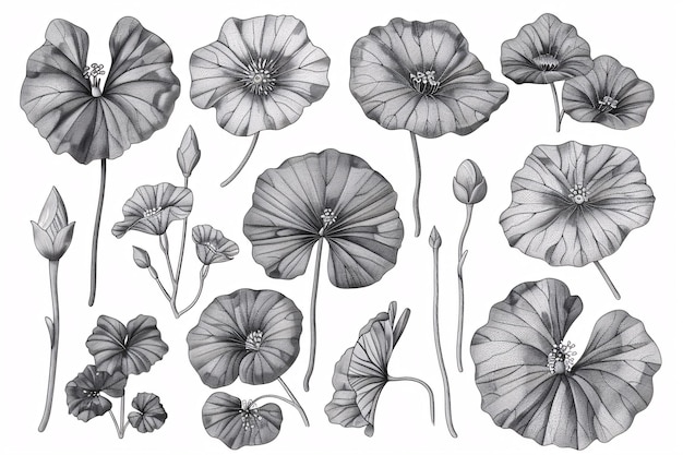 Foto intrincado conjunto de ilustraciones en blanco y negro dibujadas a mano de hojas de flores de centella asiatica perfectas para proyectos de diseño gráfico