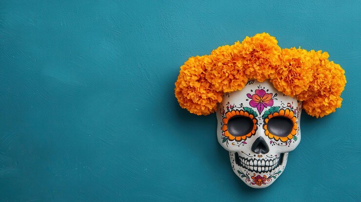 El intrincado cráneo de Catrina adornado con vibrantes flores de caléndula contra un fondo azulado que simboliza la celebración del Día de los Muertos esta pieza colorida captura la esencia de la cultura y la tradición mexicana