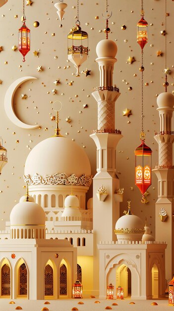 Intrincado diseño de mezquita de papel 3D en fondo beige Arte islámico creativo para Ramadán y Eid