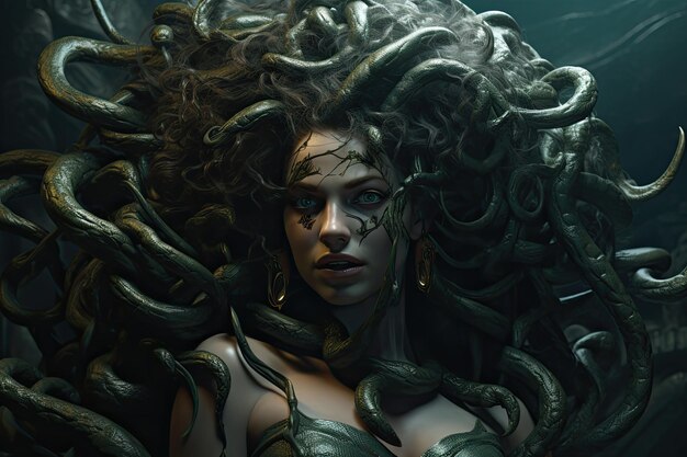 El intrincado encanto de la hermosa Medusa es una mezcla cautivadora de belleza y misterio.