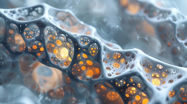 Un intrincado entramado 3D que forma una estructura delicada y compleja que brilla con la luz ambiental.