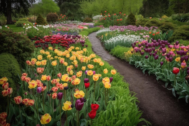 Intrincado jardín de tulipanes con una variedad de colores y texturas