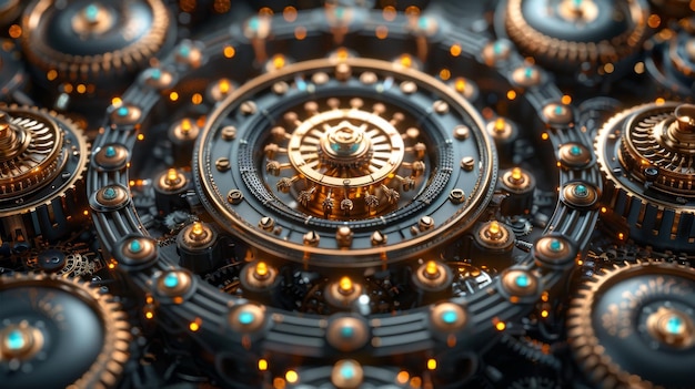 El intrincado mecanismo del reloj de un reloj steampunk está ilustrado en 3D sobre un fondo negro