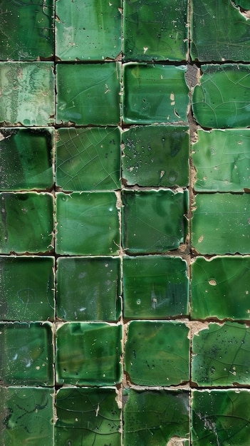 Un intrincado mosaico de azulejos de cerámica verde esmeralda agrietados dispuestos en una composición geométrica que exhibe una sensación orgánica de tierra