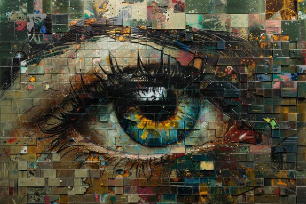 Foto intrincado mural de un ojo con colores y texturas oscuras