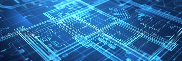 Intrincado patrón de placa de circuito azul con elementos tecnológicos Fondo para presentaciones científicas de procesos tecnológicos, etc.