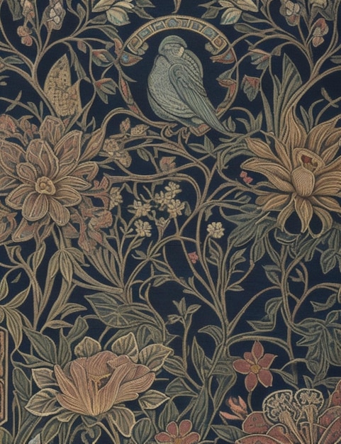 Un intrincado tapiz Art Déco de William Morris con pájaros, flores y elementos botánicos.