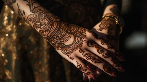 Intrincado tatuaje de henna en primer plano de la mano generado por IA