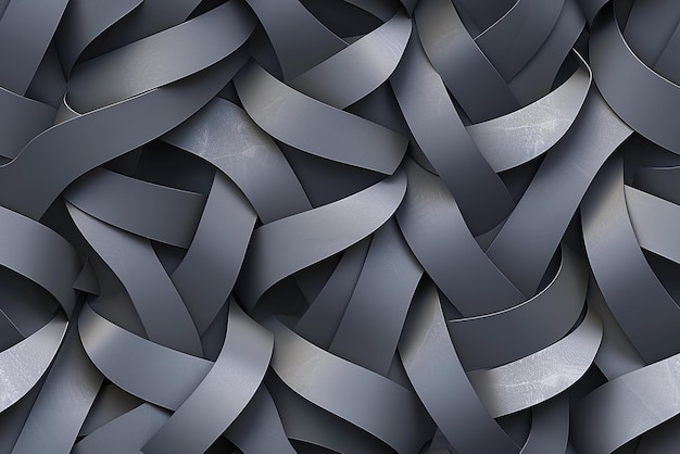 Un intrincado tejido de cintas grises mate y ligeramente brillantes que crean un patrón abstracto texturizado