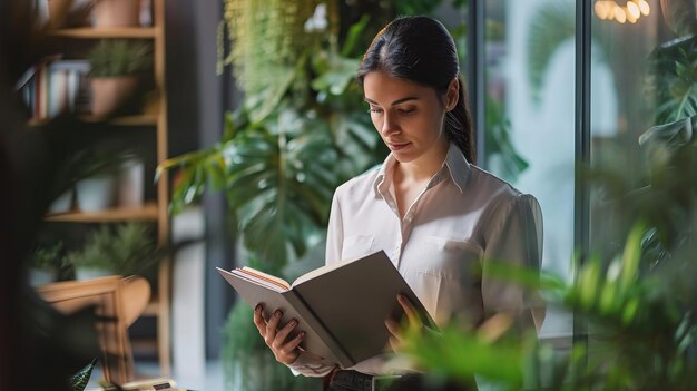 Introspektiv und gelassen liest eine professionelle Frau inmitten üppiger Büroflächen und verkörpert ruhiges Fachwissen: AI Generative