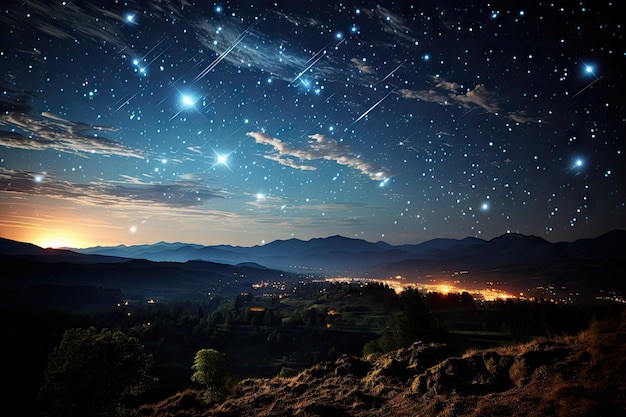 Inúmeros meteoros atravessam a escuridão deixando rastros de luz no seu rastro.