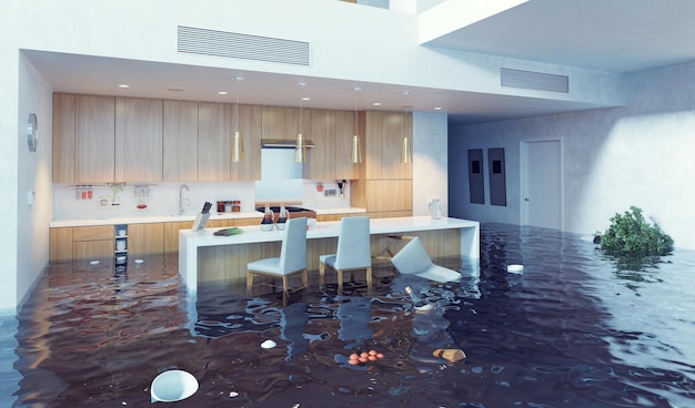 Inundação no conceito criativo 3d interior luxuoso da cozinha