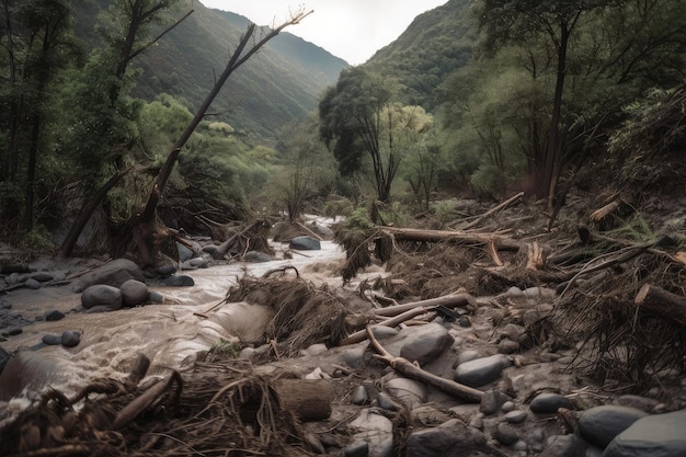 Inundación repentina corriendo por la ladera de una montaña con escombros y árboles caídos en su camino