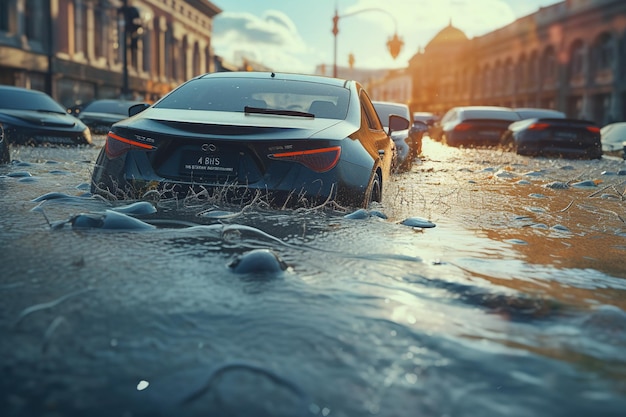 Inundaciones de coches hundidos en las carreteras de la catástrofe de las calles de la ciudad