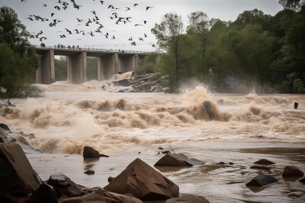 Las inundaciones repentinas pasan por una presa rota con escombros y animales ahogados a su paso