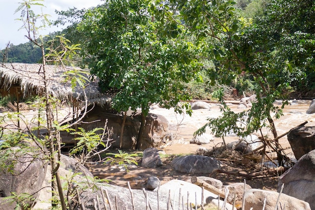 Las inundaciones del río fluyen por la montaña