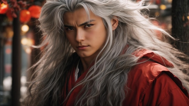 Foto inuyasha tiene el cabello plateado desordenado que cae en cascada