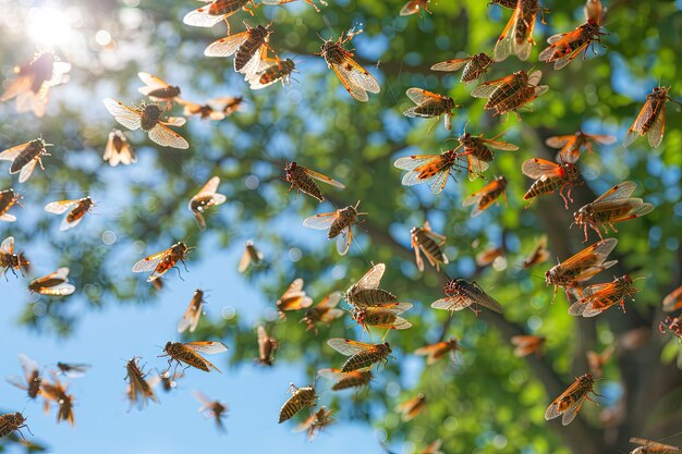 Foto invasão de cigarras um enorme número de cigarrás na cidade nuvens de insetos invasão do gafanhoto