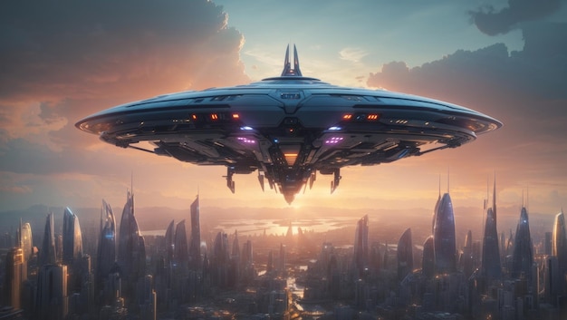 Invasión al atardecer Nave nodriza alienígena sobre ciudad futurista