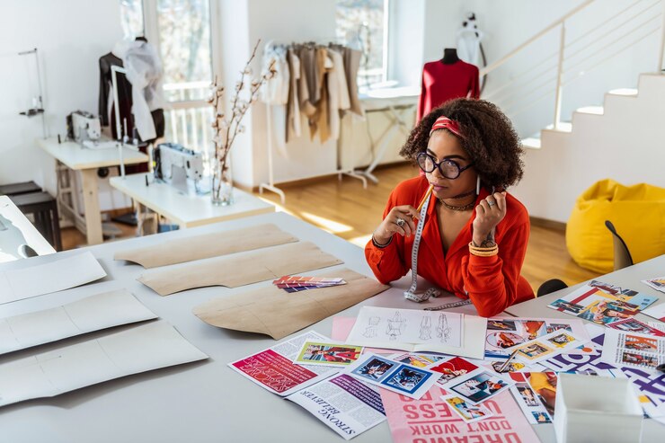 Foto inventando novos looks. mulher bonita de pele escura interessada pensando em seu trabalho enquanto ficava em um estúdio de moda