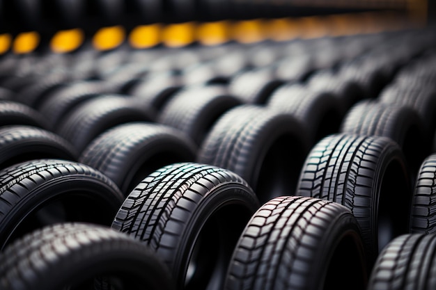 Inventário de borracha Close-up de pneus de carro a granel na loja de pneus pano de fundo
