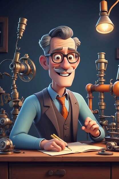 Inventor personaje de dibujos animados guía de ilustración de animación 3D