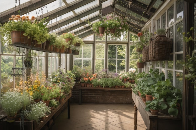 Invernadero con cestas colgantes de hierbas aromáticas y flores creadas con ai generativo