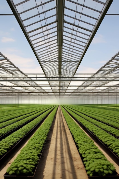 Invernadero equipado para el cultivo de diversos tipos de productos para el consumo y la venta en días soleados